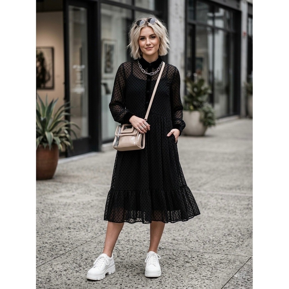 Zara Basic Black Polka Dot Mesh Midi Dress Velvet Trim Long Sleeve Medium